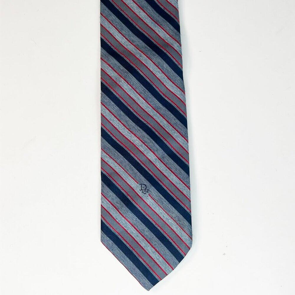 Christian Dior Striped Print Mens Neck Tie Blue Navy Red Woven Made in USA